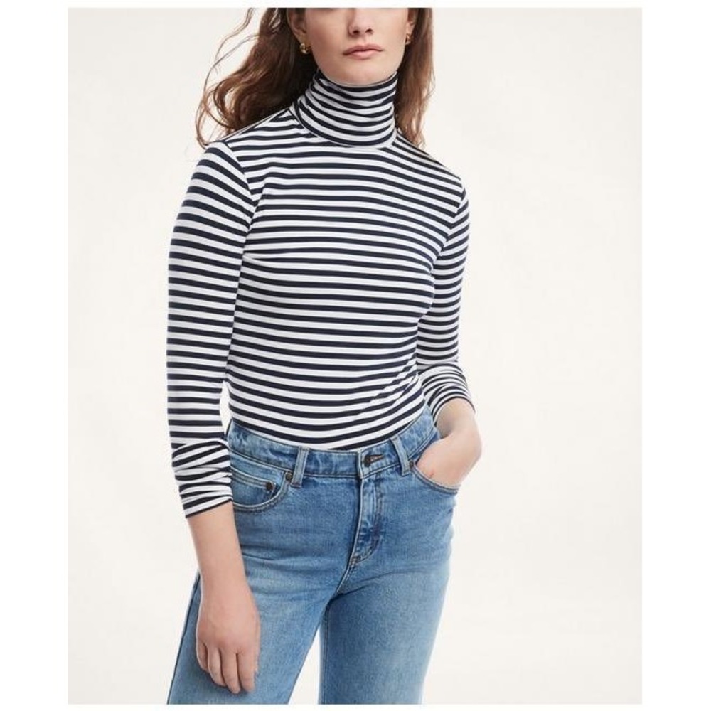 Brooks Brothers Womens Navy White Striped Turtleneck Top Long Sleeve Size M